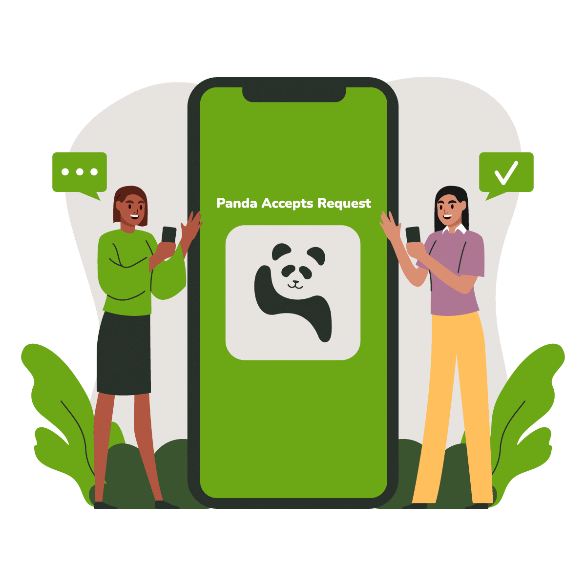cartoon image of woman using My Panda app meeting her personal assistant